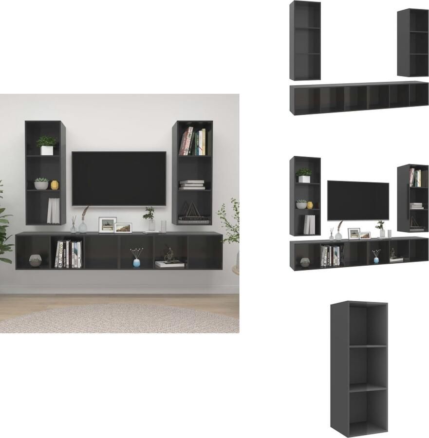 VidaXL Tv-kast Tv-kasten Televisiekast Televisiekasten Tv-wandmeubelen 4 st bewerkt hout hoogglans grijs