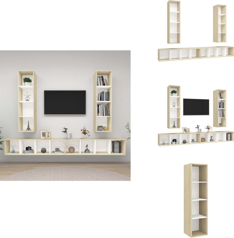VidaXL Tv-kast Tv-kasten Televisiekast Televisiekasten Tv-wandmeubelen 4 st bewerkt hout wit en sonoma eikenkleurig