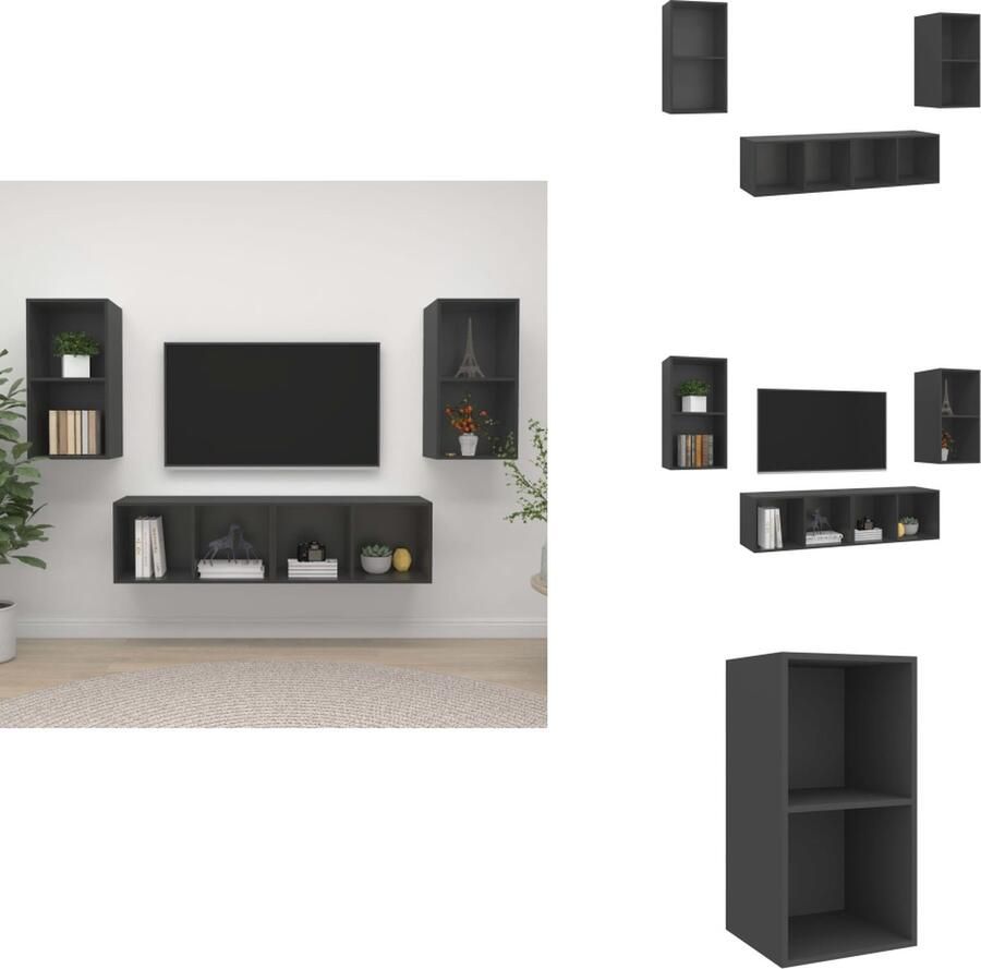 VidaXL Televisiewandmeubelset Grijs 37x37x72 cm Opbergruimte Verticaal of Horizontaal 2 Vakken Spaanplaat Montage Vereist Kast