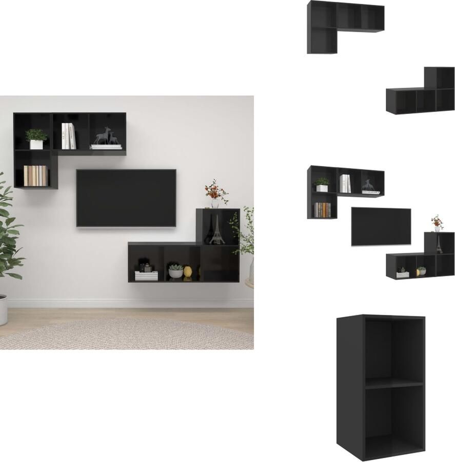 VidaXL Tv-kast Tv-kasten Televisiekast Televisiekasten Tv-wandmeubelen 4 st spaanplaat hoogglans zwart