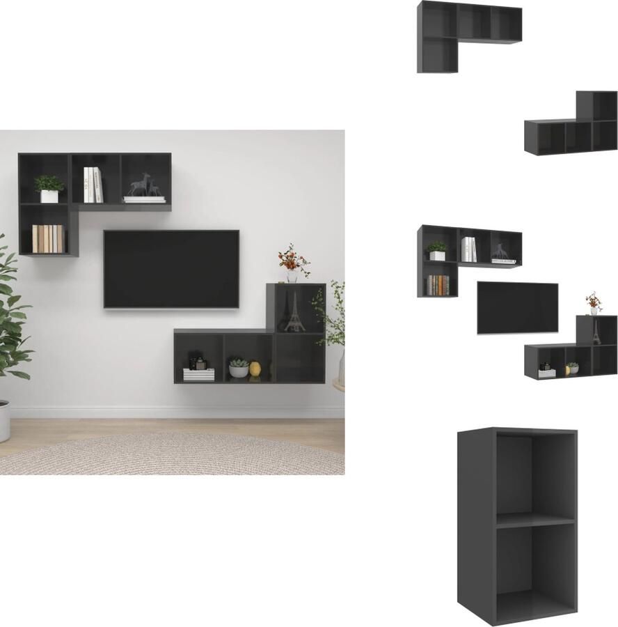 VidaXL Tv-kast Tv-kasten Televisiekast Televisiekasten Tv-wandmeubelen 4 st spaanplaat hoogglans grijs