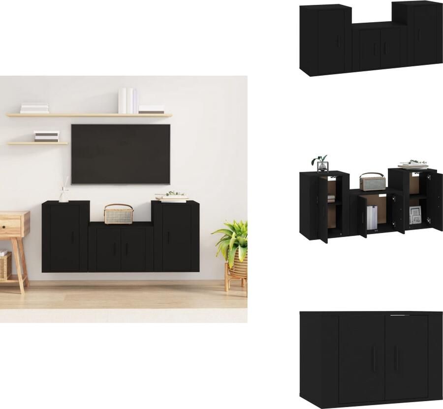 VidaXL Tv-kast Tv-kasten Tv-meubel Hifi-meubel 3-delige Tv-meubelset bewerkt hout zwart