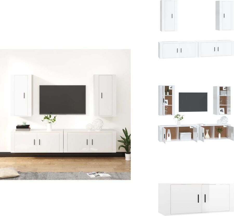 VidaXL Tv-kast Tv-kasten Tv-meubel Hifi-meubel 4-delige Tv-meubelset bewerkt hout hoogglans wit