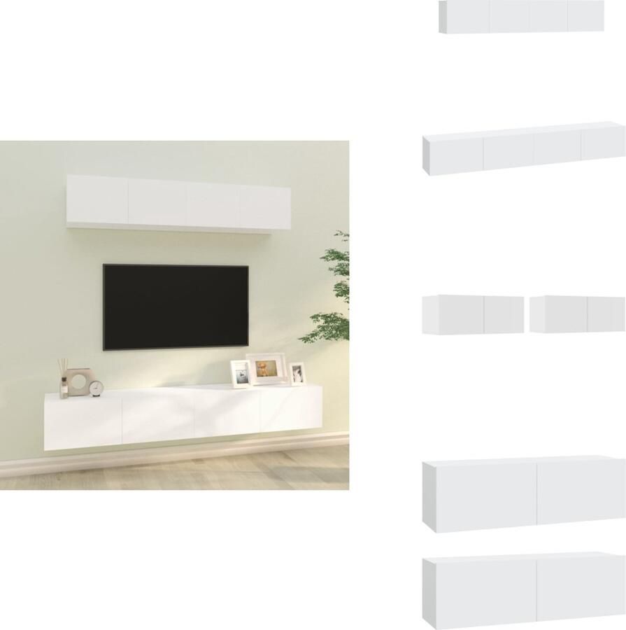 VidaXL Klassieke televisiekastenset Tv-meubel Wandgemonteerd Wit Hout 2 stuks 80x30x30 cm 2 stuks 100x30x30 cm Kast