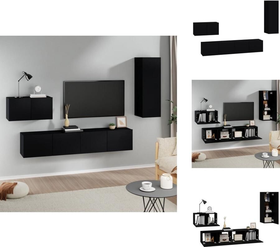 VidaXL Tv-kast Tv-kasten Tv-meubel Hifi-meubel 4-delige Tv-meubelset bewerkt hout zwart - Foto 3