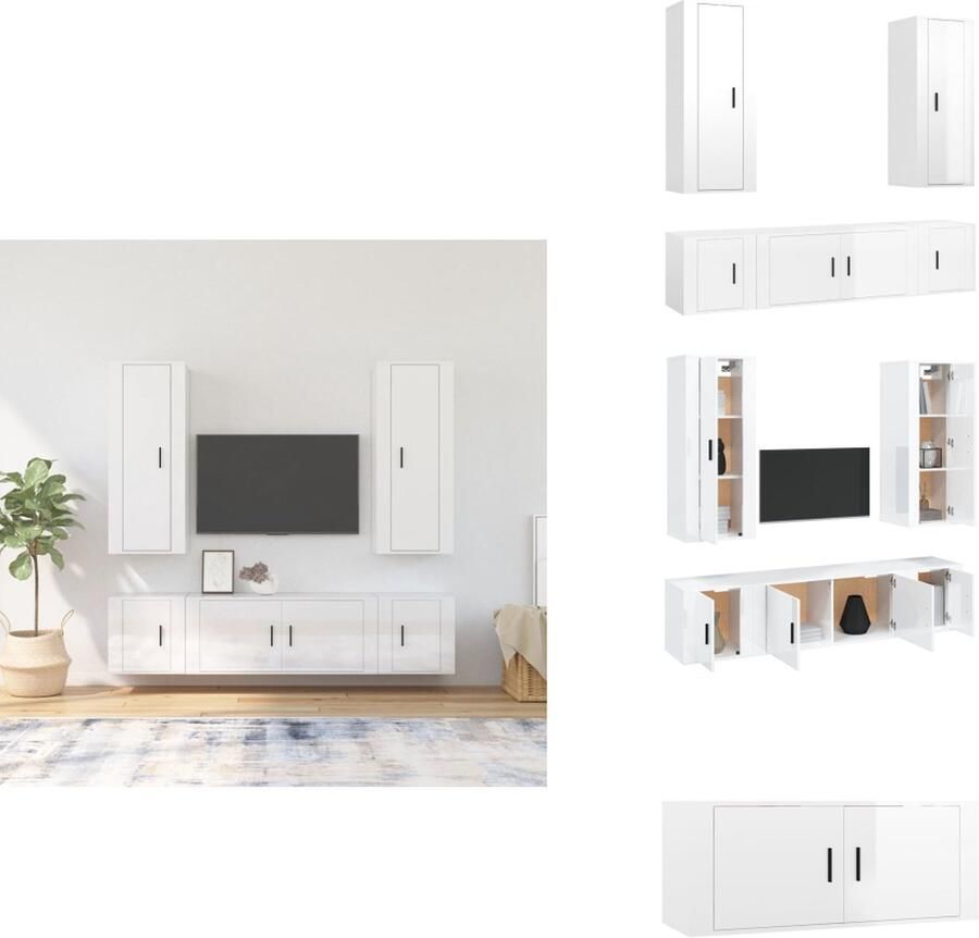 VidaXL Tv-kast Tv-kasten Tv-meubel Hifi-meubel 5-delige Tv-meubelset bewerkt hout hoogglans wit