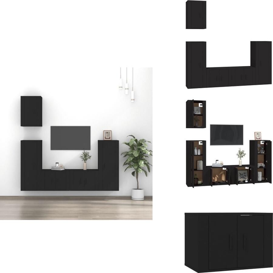 VidaXL TV-meubelset Klassiek ontwerp Bewerkt hout Wandgemonteerd Voldoende opbergruimte Zwart 5-delig Kast