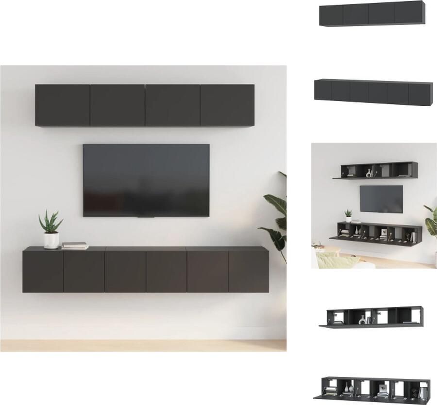 VidaXL Televisiemeubel Set Zwarte bewerkte houten TV-kasten Wandgemonteerd Voldoende opbergruimte Kast
