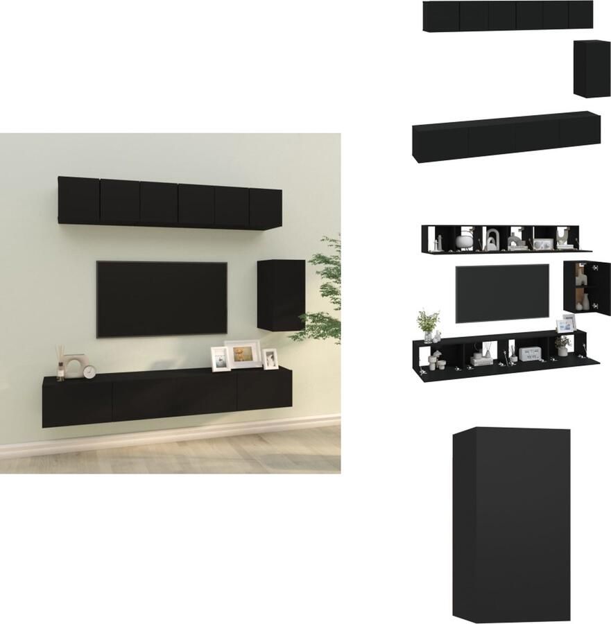VidaXL Televisiemeubelset Klassiek Design Stevig Bewerkt Hout Voldoende Opbergruimte Wandgemonteerd Kleur- Zwart 3x 60x30x30 cm 1x 30.5x30x60 cm 2x 100x30x30 cm Kast