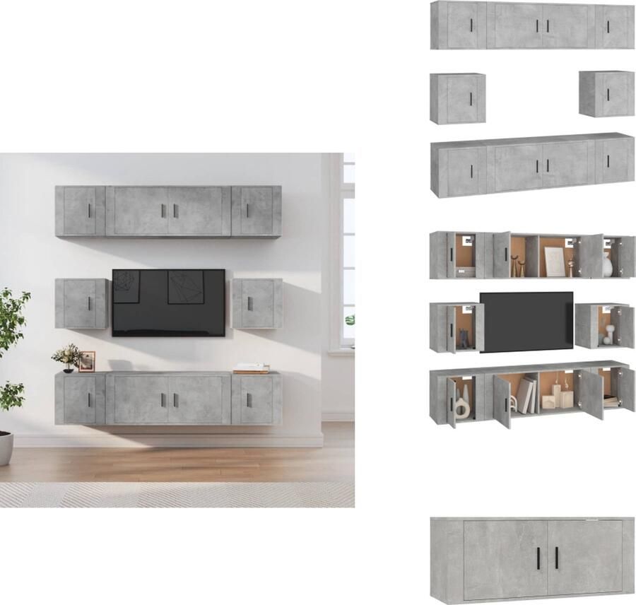VidaXL TV-meubelset Betongrijs 2x 100 x 34.5 x 40 cm 6x 40 x 34.5 x 40 cm (L x B x H) Wandgemonteerd Kast