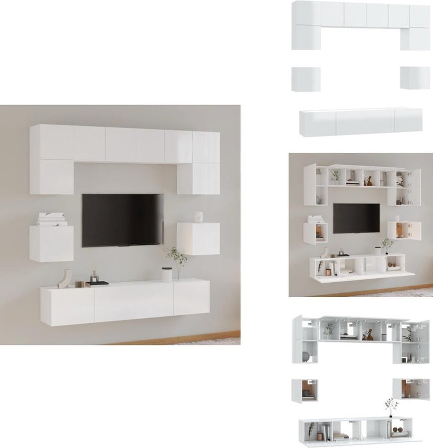 VidaXL TV-meubelset Klassiek Hoogglans wit Hout 4x 40x34.5x100cm 2x 100x34.5x40cm 2x 40x34.5x40cm Kast - Foto 1
