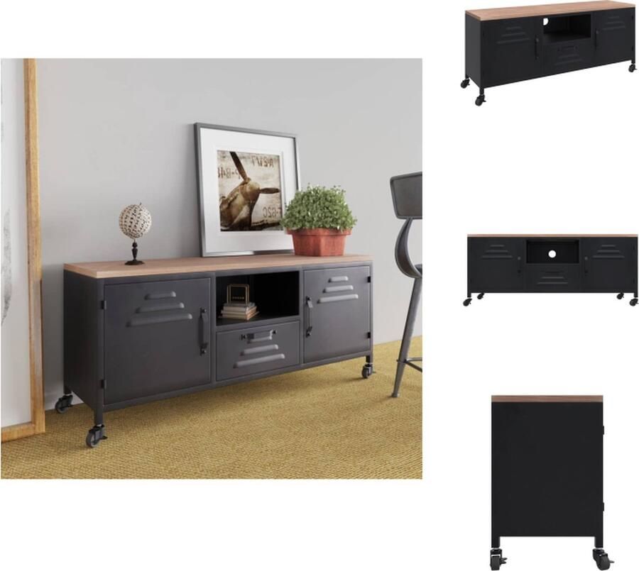 VidaXL Tv-kast Tv-kasten Tv-meubel Hifi-meubel Tv-meubel 110x30x43 cm ijzer en massief vurenhout zwart