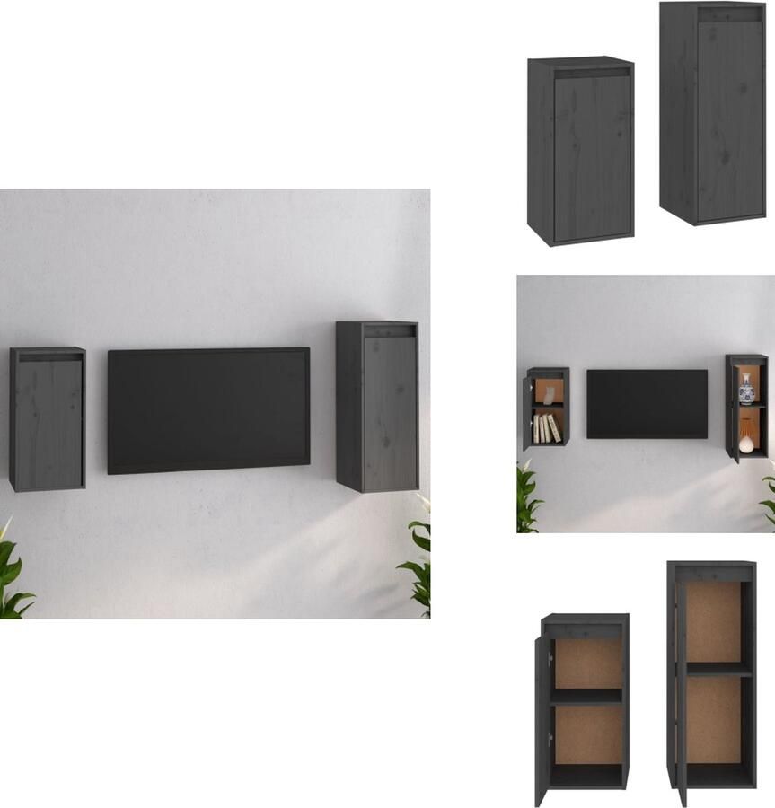 VidaXL Televisiemeubel Hangkasten grijs massief grenenhout 100 x 30 x 35 cm 30 x 30 x 80 cm Kast - Foto 2