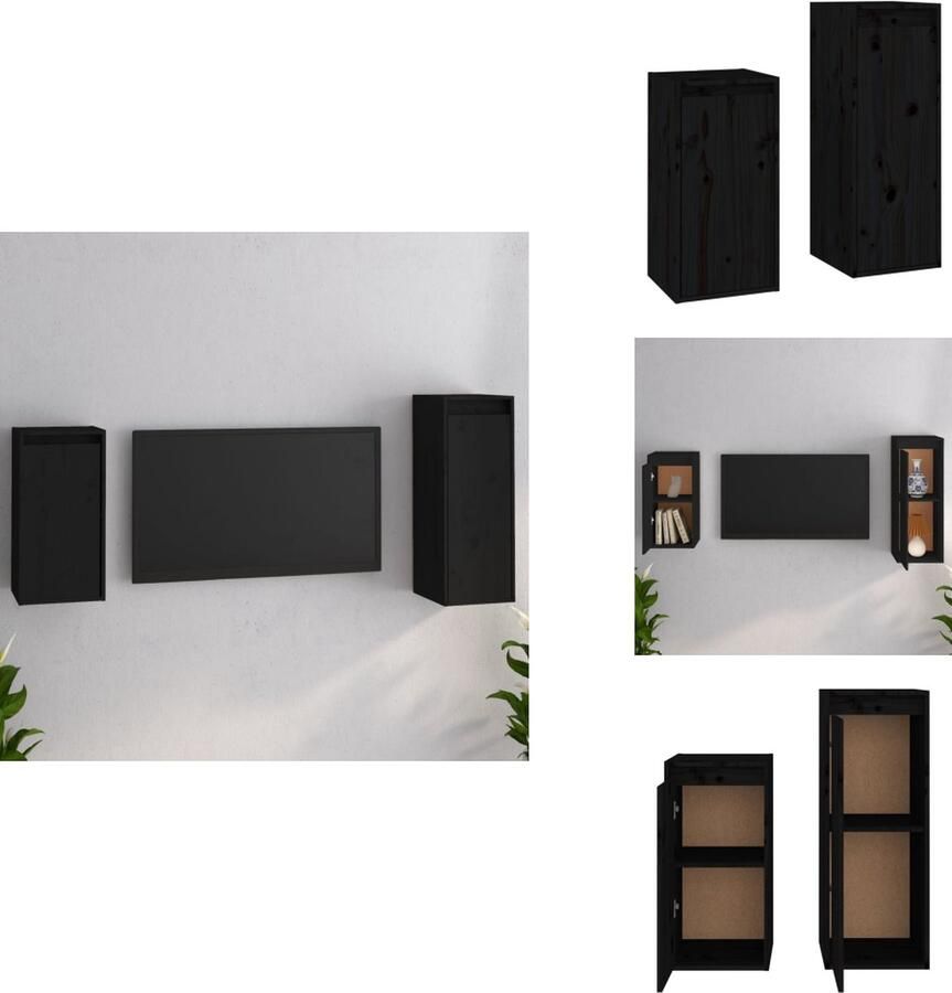 VidaXL Klassieke Televisiekasten Massief grenenhout 100x30x35 cm en 30x30x80 cm Zwart Kast