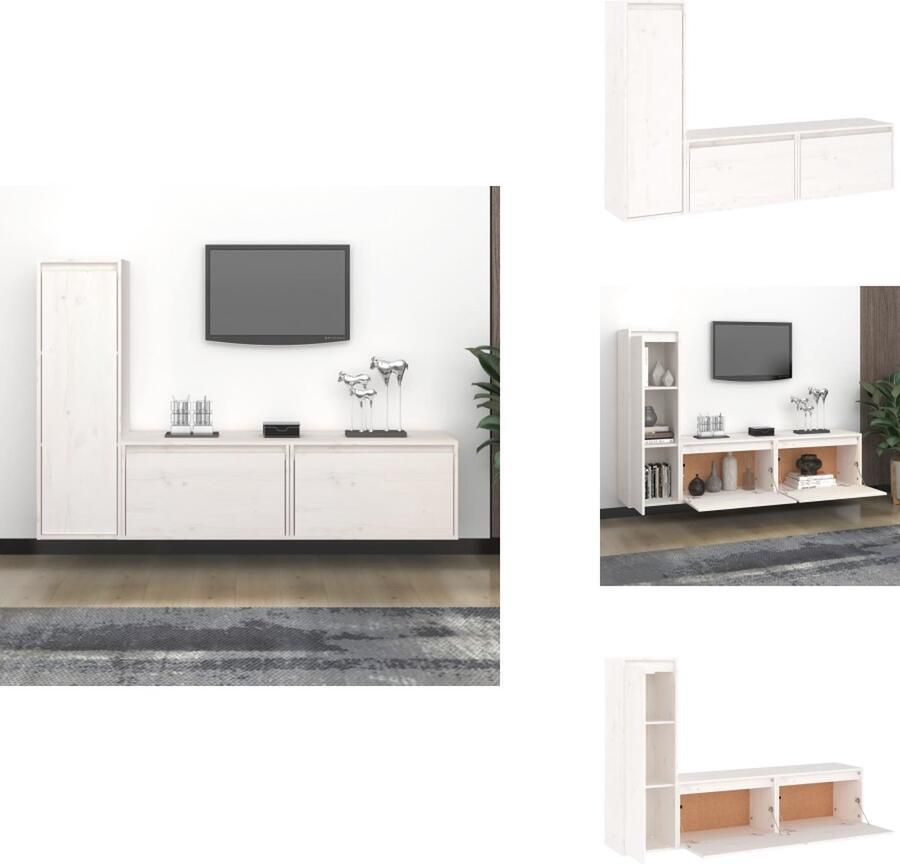 VidaXL Televisiemeubel Klassieke Wandmeubel Massief grenenhout Wit 2x 60x30x35cm + 1x 30x30x100cm Kast - Foto 3