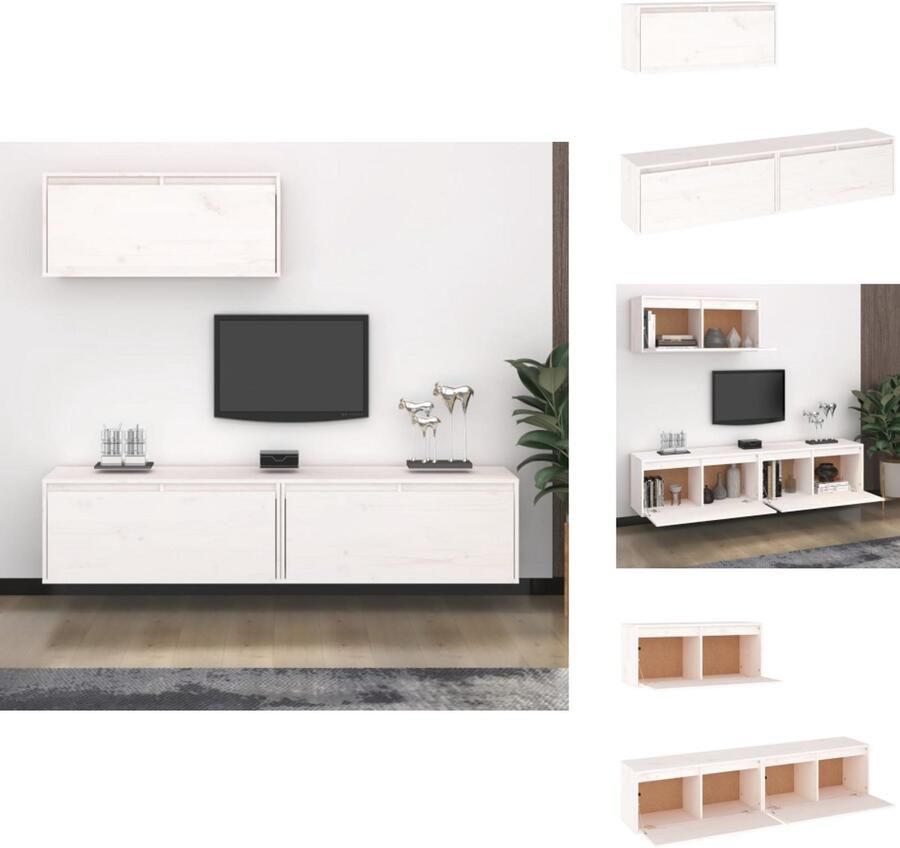 VidaXL Televisiemeubel Klassieke Wandmeubel Massief grenenhout Wit 2x 60x30x35cm + 1x 30x30x100cm Kast - Foto 4