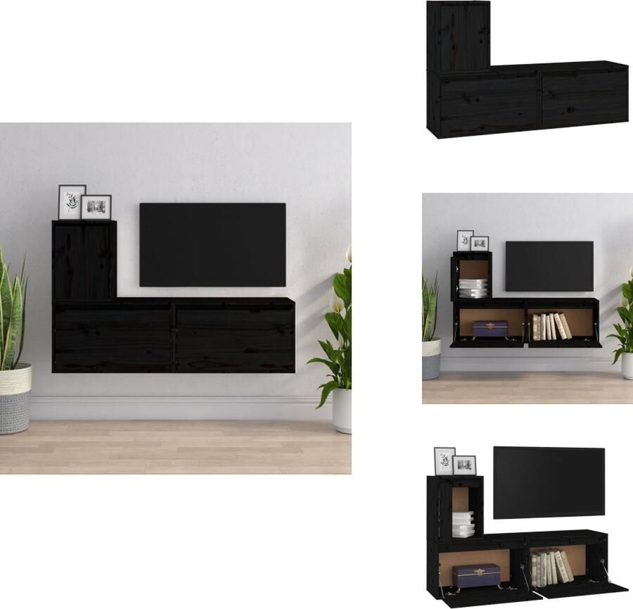VidaXL Televisiekasten Klassiek design Massief grenenhout Zwarte kleur 2x 60x30x35 cm 1x 30x30x40 cm Kast
