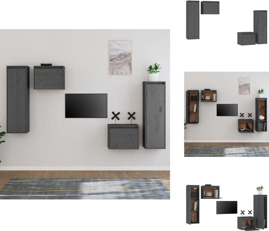 VidaXL Wandmeubel Grijs Massief grenenhout 2x TV-meubel 45x30x35cm 2x TV-meubel 30x30x100cm Kast - Foto 2