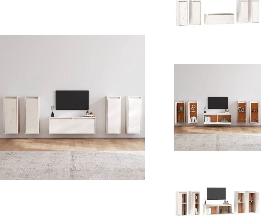 VidaXL Wandkasten Massief grenenhout Set van 5 Wit TV-meubel- 100x30x35cm Hangkast- 30x30x80cm Kast