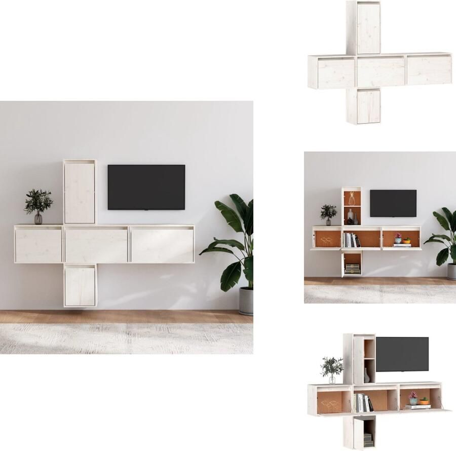 VidaXL Televisiemeubel Klassieke Wandkasten 2x 80 x 30 x 35 cm 1x 30 x 30 x 80 cm 1x 45 x 30 x 35 cm 1x 60 x 30 x 35 cm Massief grenenhout Wit Kast - Foto 2