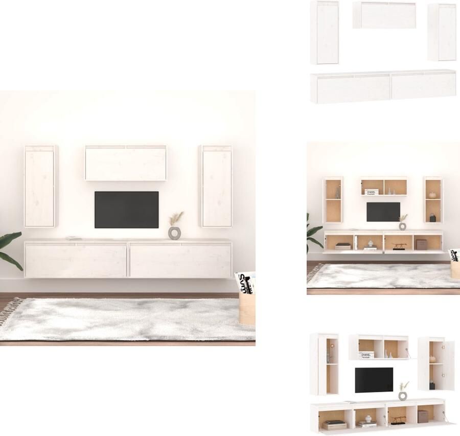 VidaXL Televisiemeubel Klassieke Wandkasten 2x 80 x 30 x 35 cm 1x 30 x 30 x 80 cm 1x 45 x 30 x 35 cm 1x 60 x 30 x 35 cm Massief grenenhout Wit Kast - Foto 3