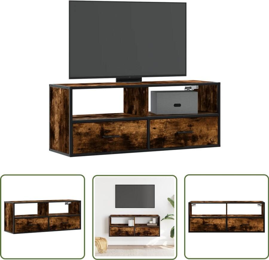 The Living Store Tv-meubel 100x31x39 5 cm bewerkt hout metaal gerookt eikenkleur Tv-meubel Tv Kast Salontafel Industrieel Design Houten Tv-meubel