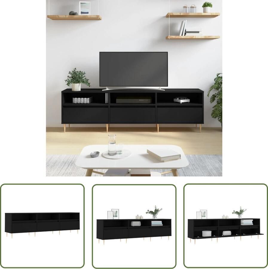 The Living Store TV-meubel Opbergkast 150 x 30 x 44.5 cm Zwart Tv-meubel Tv Kast Opbergkast Zwarte Meubels Houten Meubels - Foto 2