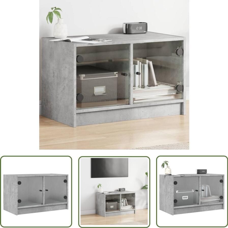 The Living Store Tv-meubel met glazen deuren 68x37x42 cm betongrijs Tv-meubel Tv Kast Beton Grijs Houten Tv-standaard Opbergkast