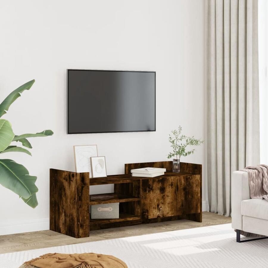 The Living Store Tv-meubel 100x35x40 cm bewerkt hout gerookt eikenkleurig Tv Meubel Tv Kast Houten Tv Stand Opbergkast Salontafel