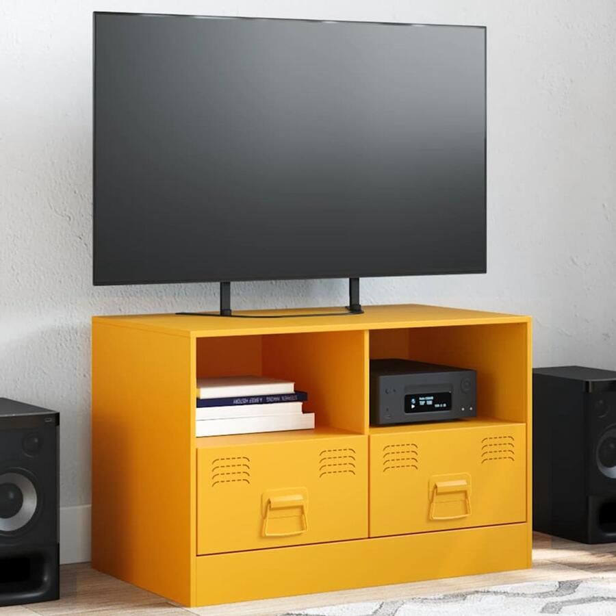 The Living Store Tv-meubel 67x39x44 cm staal mosterdgeel Tv Meubel Tv Kast Mustard Geel Koudgewalst Staal Salontafel