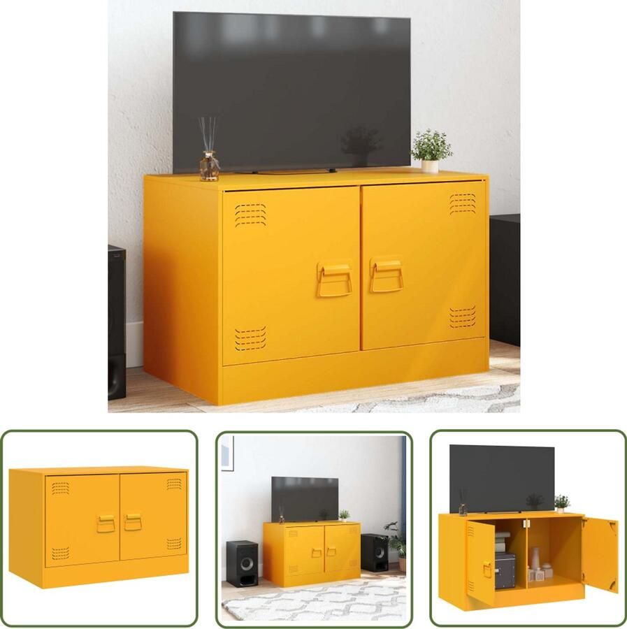 The Living Store Tv-meubel 67x39x44 cm staal mosterdgeel Tv Meubel Tv Kast Mustard Geel Staal Koudgewalst Staal - Foto 2