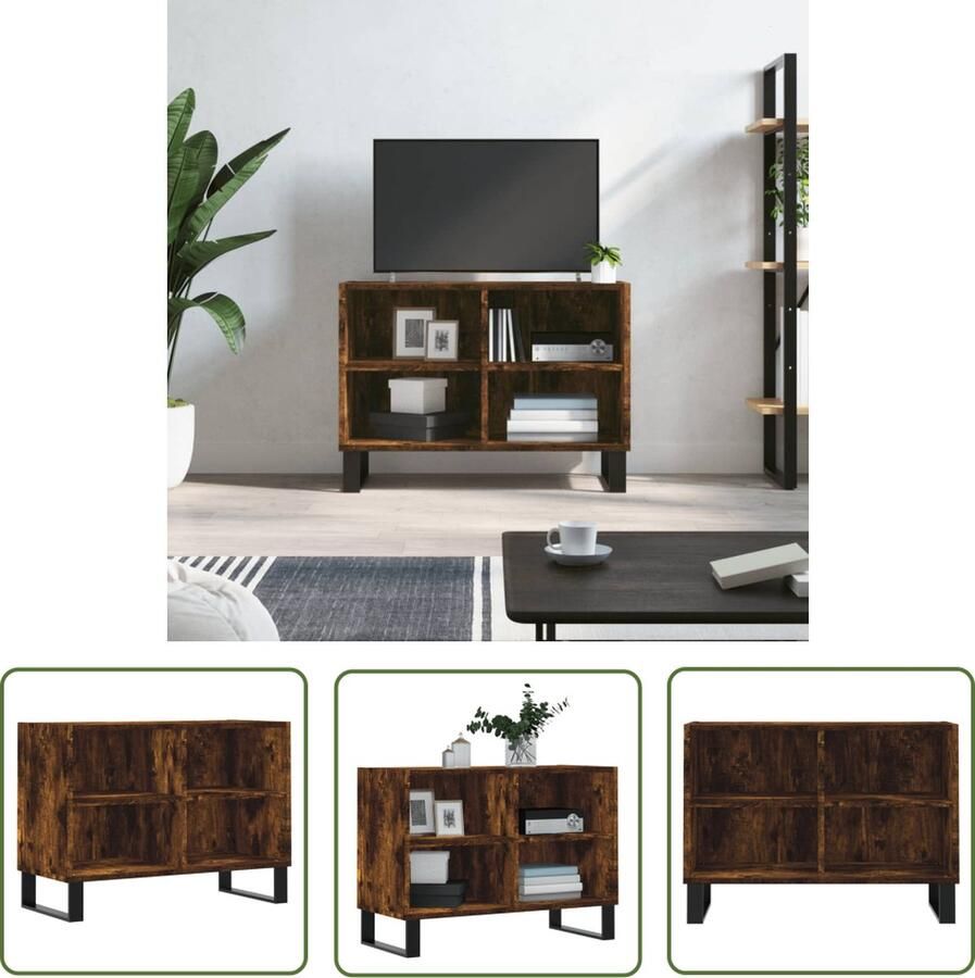 The Living Store Tv-meubel Tv-kast met 4 vakken Gerookt eiken 69.5 x 30 x 50 cm Stevig materiaal Voldoende opbergruimte Stabiel tafelblad IJzeren poten Montage vereist - Foto 2