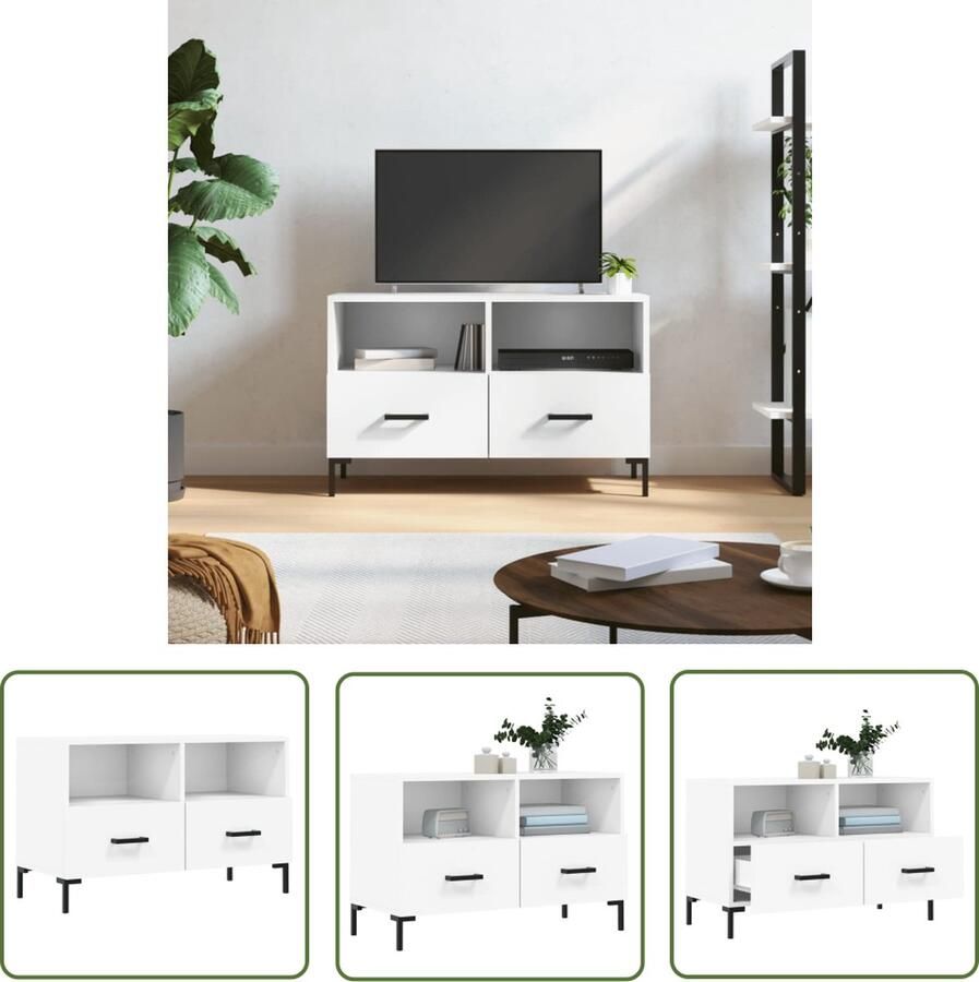 The Living Store TV-meubel Wit 80 x 36 x 50 cm Bewerkt hout en ijzer TV Meubel Tv Kast Salontafel Houten Tv Stand Witte Tv Tafel - Foto 2