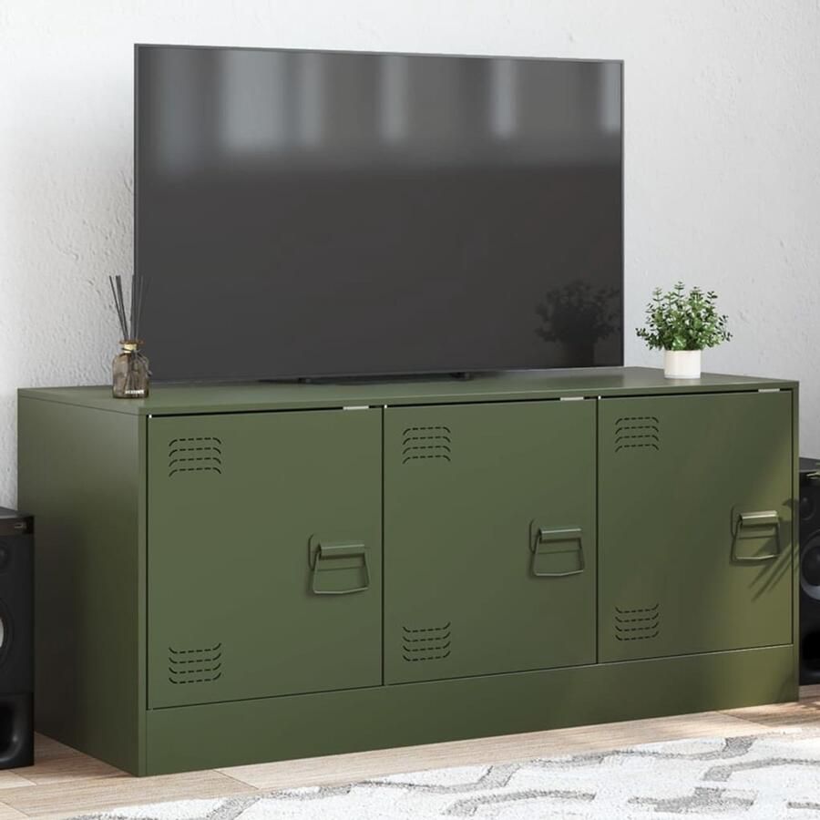 The Living Store Tv-meubel 99x39x44 cm staal olijfgroen Tv Meubel Tv Kast Olijfgroene Tv Stand Industrieel Tv Meubel Koudgewalst Staal