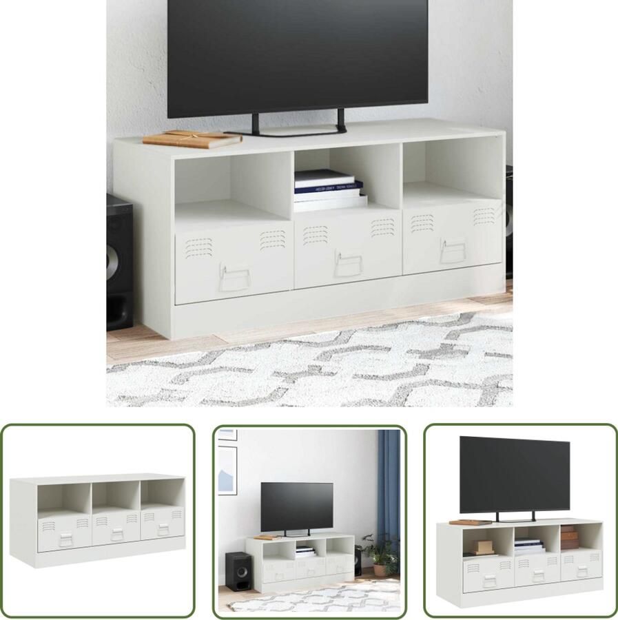 The Living Store Tv-meubel 99x39x44 cm staal wit Tv Meubel Tv Kast Salontafel Staal Tv Meubel Witte Tv Kast