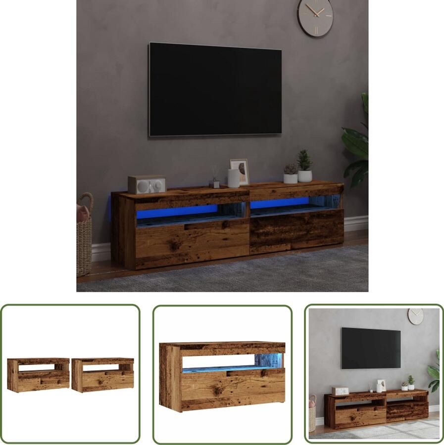 The Living Store Tv-meubels met LED-verlichting 2 st bewerkt hout oud hout Tv Meubel Tv Kast Led Verlichting Houten Tv Stand Opbergkast