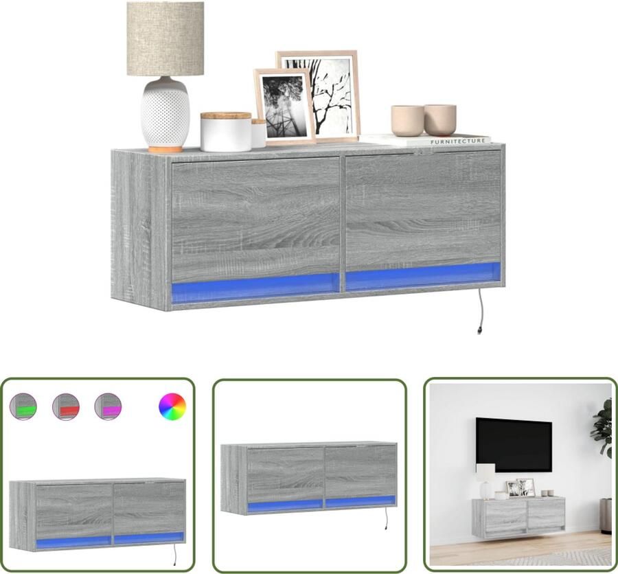 VidaXL Tv Kast Tv Meubel Tv-wandmeubel met LED-verlichting 100x31x35 cm grijs sonoma Led Verlichting Salontafel Woonkamer Decoratie - Foto 2