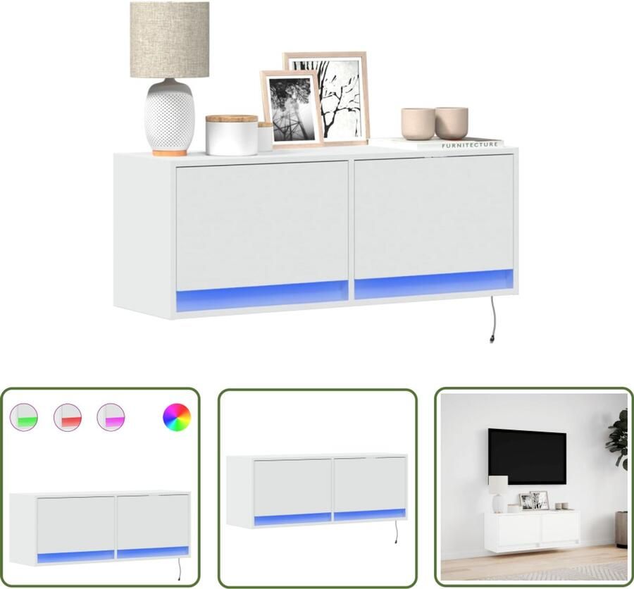 VidaXL Tv Kast Tv-meubel Tv-wandmeubel met LED-verlichting 100x31x35 cm wit Led Verlichting Wandmontage Opbergruimte