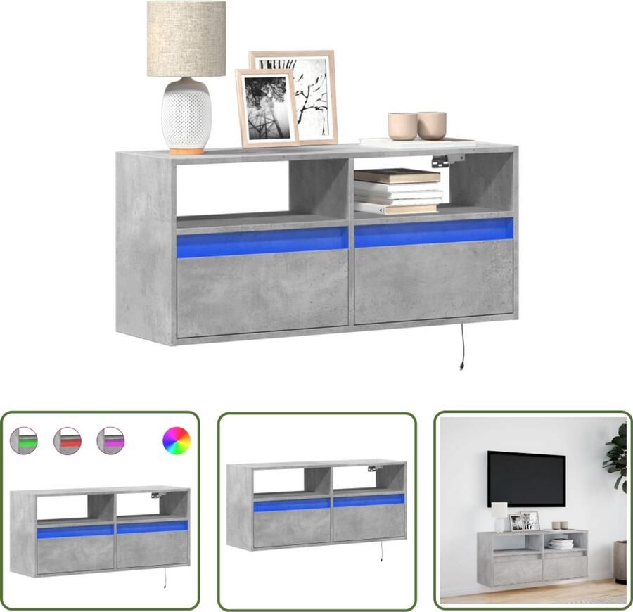 VidaXL Tv-wandmeubel met LED-verlichting 100x31x45 cm betongrijs Tv-meubel Tv Kast Wandmontage Led Verlichting Opbergruimte