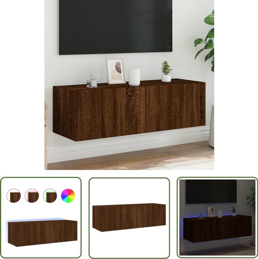The Living Store Tv-wandmeubel met LED-verlichting 100x35x31 cm bruineikenkleur Tv-meubel Tv Kast Led Verlichting Bruin Tv-meubel Houten Tv-standaard