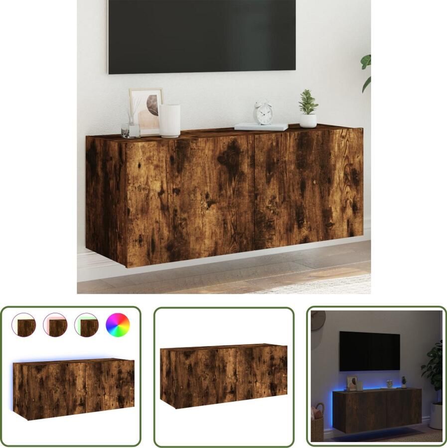 The Living Store Tv-wandmeubel met LED-verlichting 100x35x41 cm gerookt eiken Tv-meubel Tv Kast Led Verlichting Rgb Verlichting Houten Tv-standaard