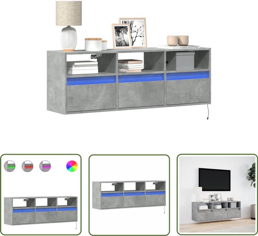 VidaXL Tv Kast Tv Meubel Tv-wandmeubel met LED-verlichting 130x31x45 cm betongrijs Led Verlichting Betongrijs Woonkamer Decoratie