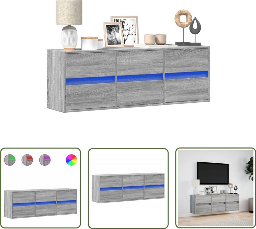 VidaXL Tv Kast Tv Meubel Tv-wandmeubel met LED-verlichting 130x31x45 cm grijs sonoma Led Verlichting Grijze Tv Kast Salontafel