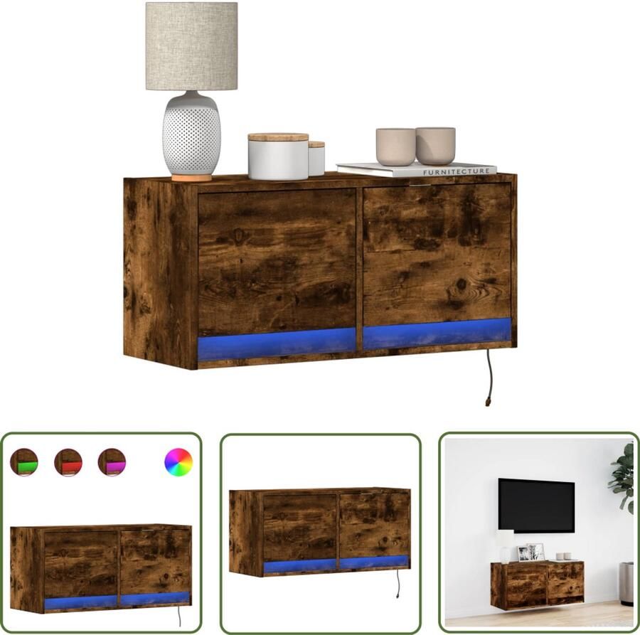 VidaXL Tv Kast Tv Meubel Tv-wandmeubel met LED-verlichting 80x31x35 cm gerookt eiken Wandmontage Led Verlichting Houten Tv Stand