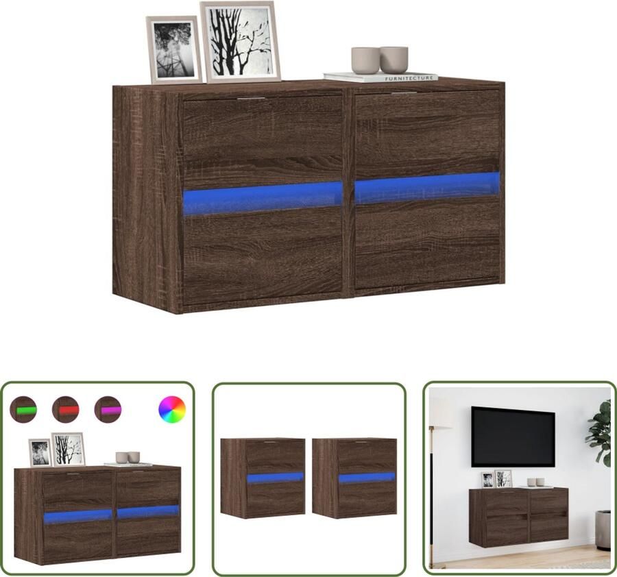 VidaXL Tv-kast Tv-meubel Tv-wandmeubels met LED 2 st 41x31x45 cm bruin eikenkleurig Wandmontage Led Verlichting Bruin Eiken
