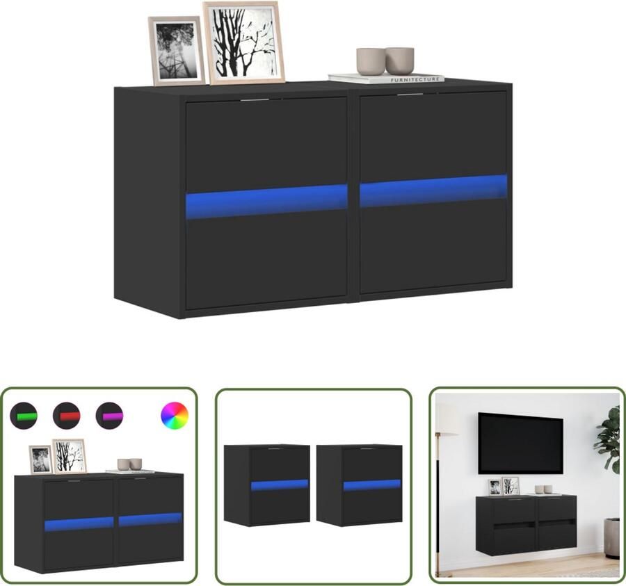 VidaXL Tv Kast Tv Meubel Tv-wandmeubels met LED-verlichting 2 st 41x31x45 cm zwart Wandmontage Led Verlichting Zwarte Tv Kast