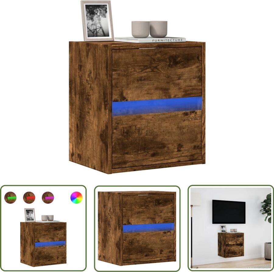 VidaXL Tv-wandmeubel met LED-verlichting 41x31x45 cm gerookt eiken Tv-tafel Tv Kast Wandmontage Led Verlichting Opbergruimte