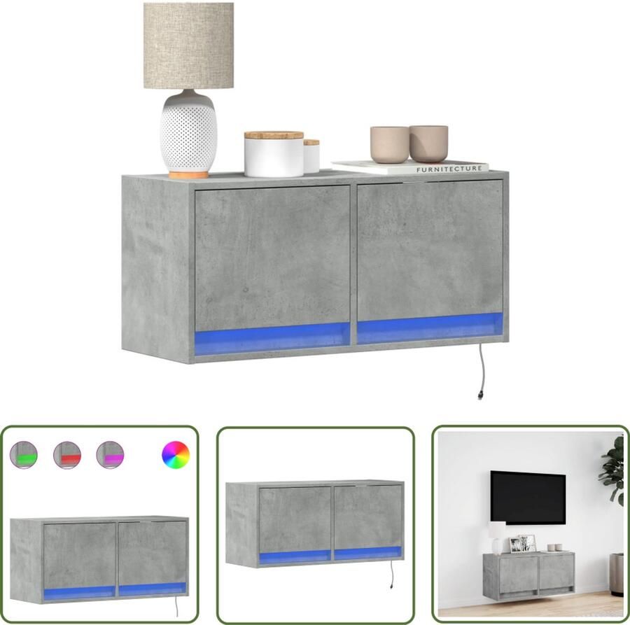 VidaXL Tv Kast Tv-tafel Tv-wandmeubel met LED-verlichting 80x31x35 cm betongrijs Wandmontage Led Verlichting Opbergruimte