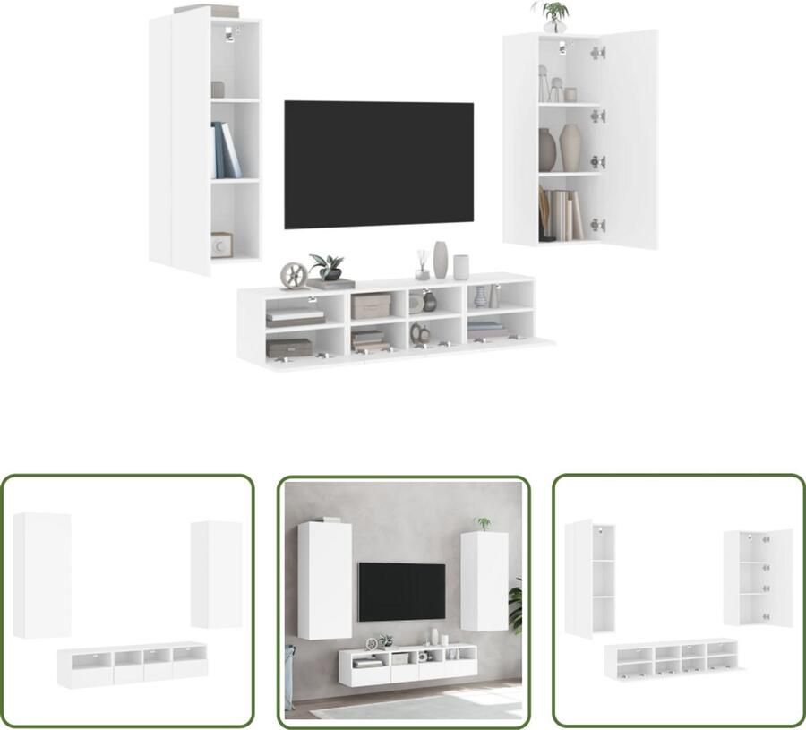 The Living Store 5-delige Tv-meubelset bewerkt hout wit TV Wandmeubel Tv Kast Tv Stand Houten Tv Meubel Wit Tv Meubel