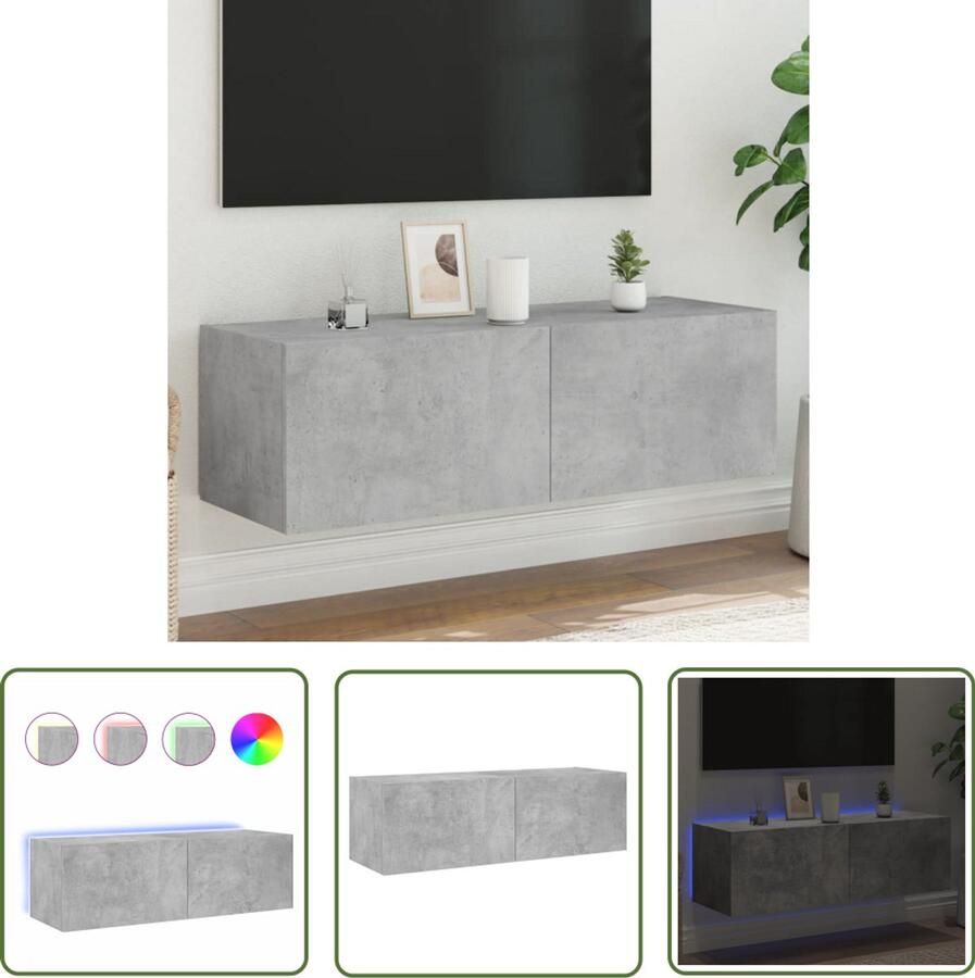 The Living Store Tv-wandmeubel met LED-verlichting 100x35x31 cm betongrijs Tv-wandmeubel Tv Kast Led Verlichting Betongrijs Houten Tv Stand